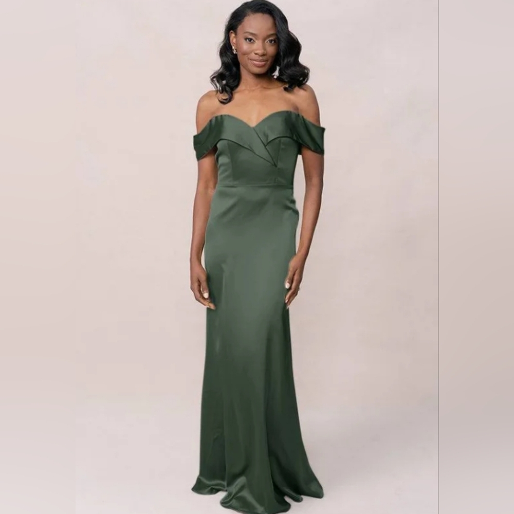 Revelry Elegant Olive Green Bardot Off-Shoulder Bridesmaid Dress. Size 6 - Picture 1 of 9